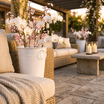 White flower market bucket filled with orchids and cherry blossoms on an outdoor patio - thumbnail number 7