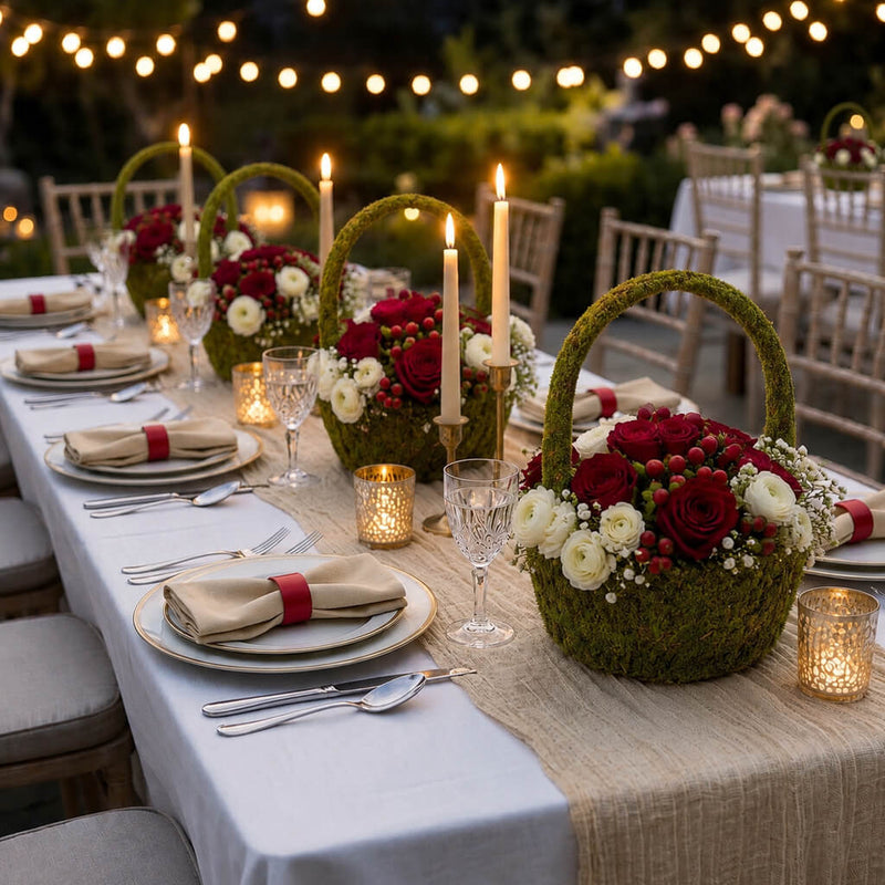 Moss baskets filled with red and white roses on a dining table - thumbnail number 2