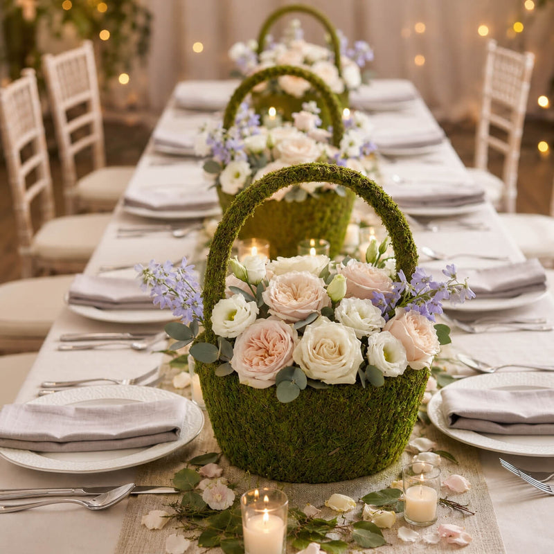 Moss baskets filled with white and pink roses on a banquet table - thumbnail number 3