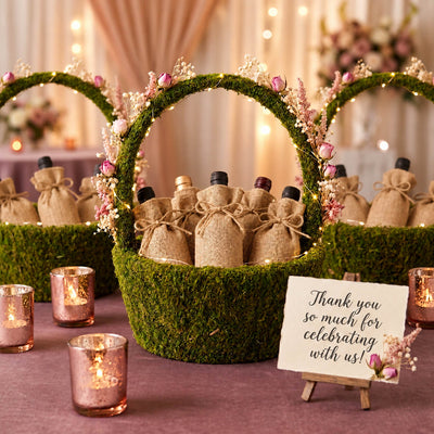 Preserved natural moss basket filled with burlap-wrapped bottles and a thank you sign - thumbnail number 8