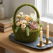 Moss basket with peaches roses, succulents, and lit candles - thumbnail number 9