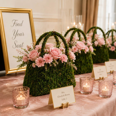 Natural preserved moss purse planter filled with pink roses - thumbnail number 4