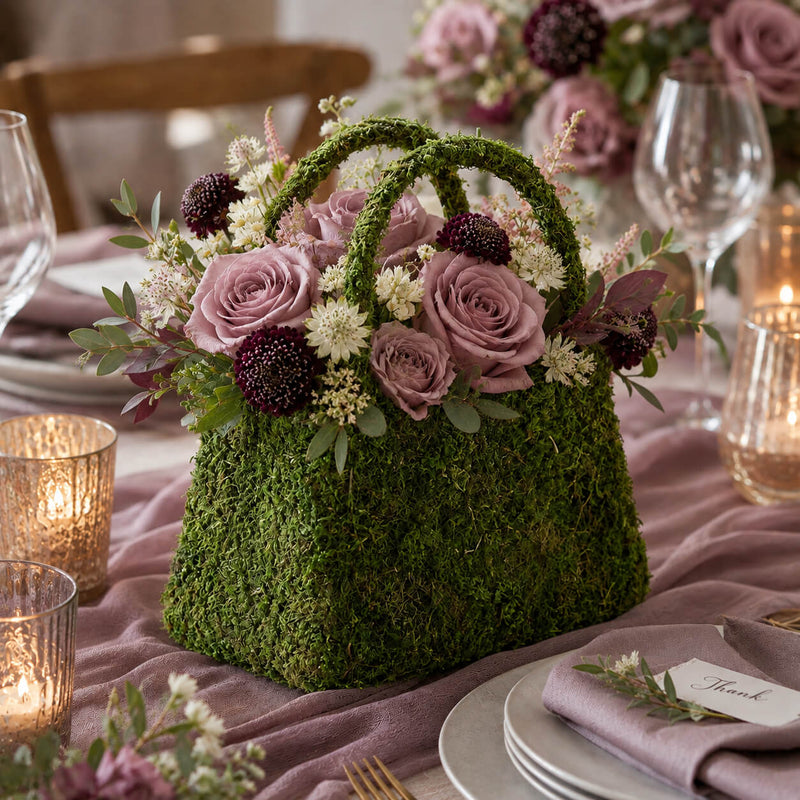 Natural preserved moss purse planter as a table centerpiece - thumbnail number 6