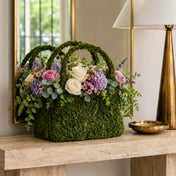 Natural preserved moss purse planter filled with pastel flowers - thumbnail number 7