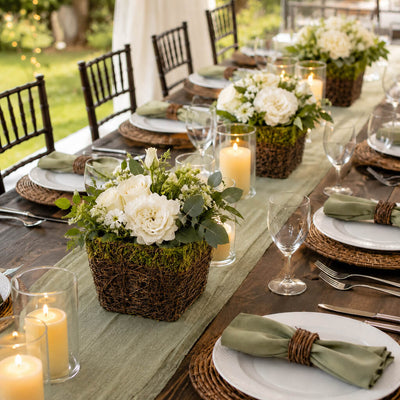 Wicker and moss square pots holding white roses and greenery on an elegant dining table - thumbnail number 3