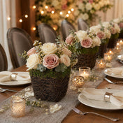 Wicker and moss square pot holding pink and white roses on a dining table - thumbnail number 4