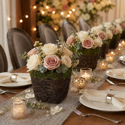 Wicker and moss square pot holding pink and white roses on a dining table - thumbnail number 4