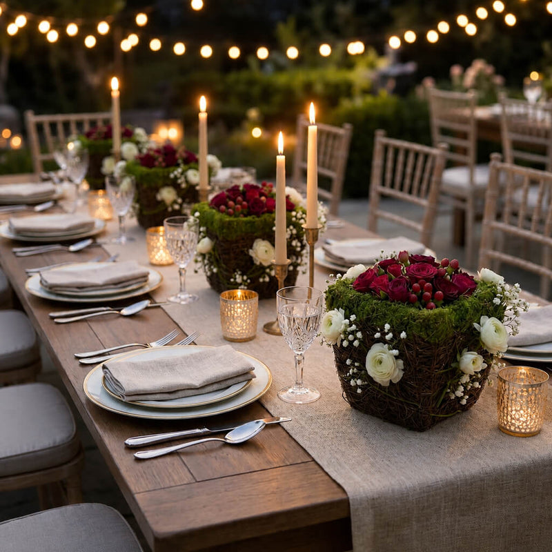 Wicker and moss square pots with red roses and candles on a dining table - thumbnail number 5