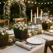 Wicker and moss square pots holding roses and candles on a wedding reception table - thumbnail number 6