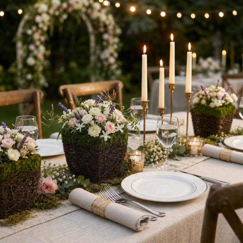Wicker and moss square pots holding roses and candles on a wedding reception table - thumbnail number 6