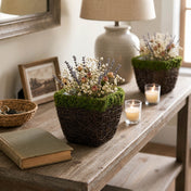 Wicker and moss square pots holding dried florals on a console table - thumbnail number 7
