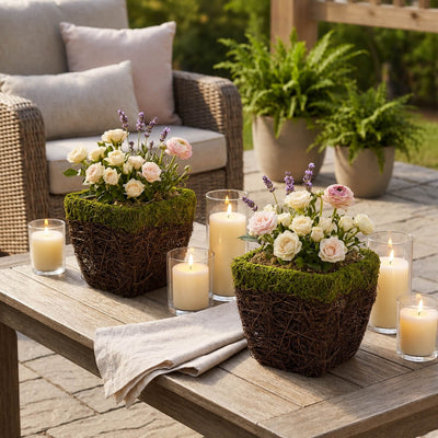 Wicker and moss square pots holding pastel flowers on an outdoor patio table with candles - thumbnail number 8