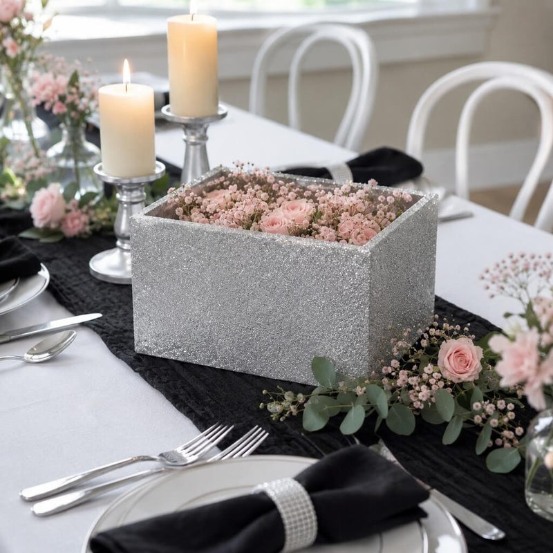 Silver glitter box filled with pink flowers on a table setting - thumbnail number 3