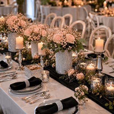 Silver glitter vases with pink roses and candles on a reception table - thumbnail number 4