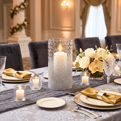 Tall glass cylinder with silver German glass glitter and a candle as a centerpiece - thumbnail number 7
