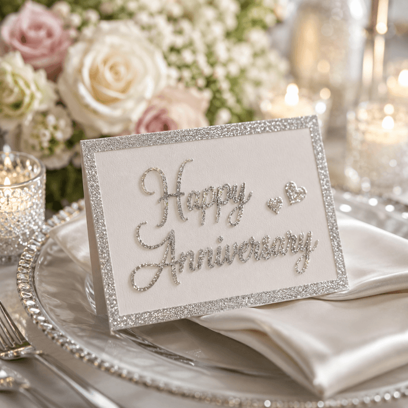 Happy Anniversary sign outlined in silver German glass glitter on a plate - thumbnail number 8