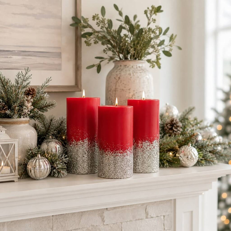 Three red pillar candles decorated with silver German glass glitter in a holiday setting - thumbnail number 9