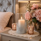 Glass cylinder decorated with silver German glass glitter and a candle on a nightstand - thumbnail number 10