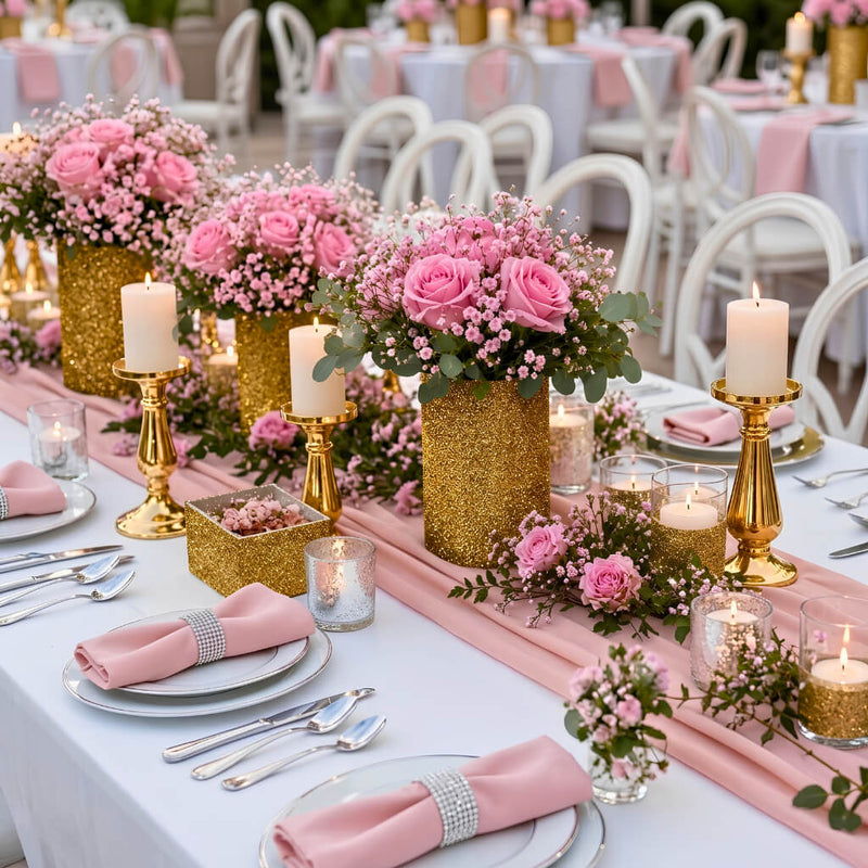 Gold glitter vases and candle holders styled with pink flowers for a wedding table - thumbnail number 5