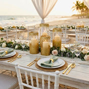 Gold glitter glass candle holders on a beach wedding table runner - thumbnail number 7