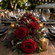 Burgundy red preserved roses and greenery form a table runner - thumbnail number 2