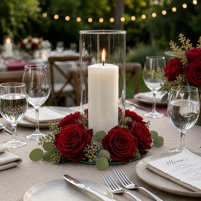 Burgundy red preserved roses surround a candle in a glass cylinder - thumbnail number 3