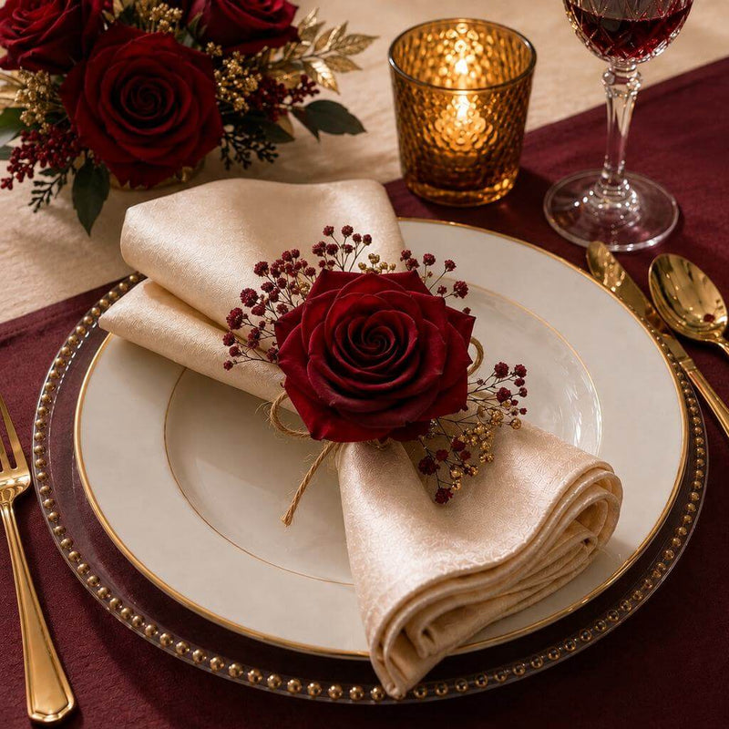 A burgundy red preserved rose adorns a folded napkin on a plate at a table setting - thumbnail number 5