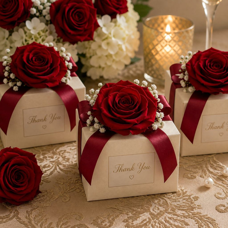 Small white favor boxes decorated with burgundy red preserved roses and burgundy ribbon - thumbnail number 6