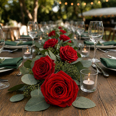 Preserved red roses and greenery on a table runner - thumbnail number 2