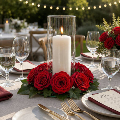 Preserved red roses surrounding a pillar candle centerpiece - thumbnail number 6