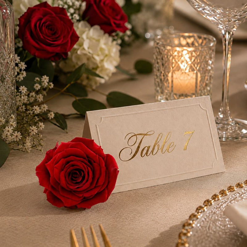 Preserved red rose next to a table number card - thumbnail number 7