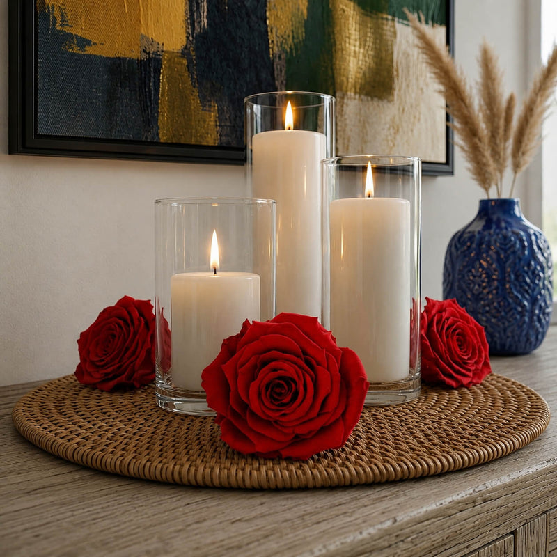 Preserved red roses surrounding glass-enclosed pillar candles - thumbnail number 8