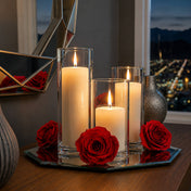 Preserved red roses surrounding glass-enclosed candles - thumbnail number 9