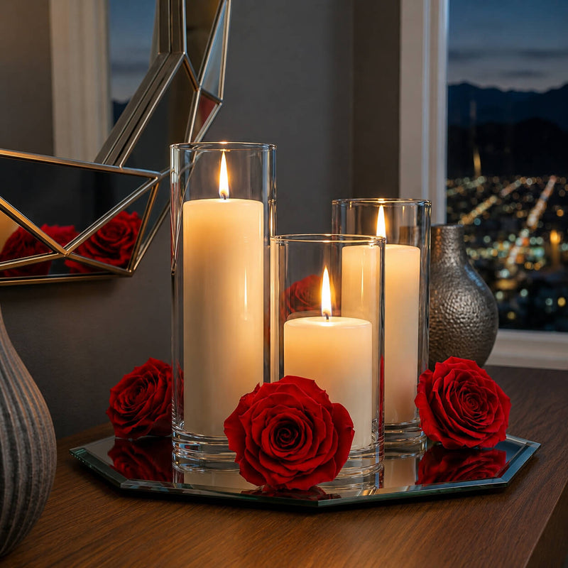 Preserved red roses surrounding glass-enclosed candles - thumbnail number 9