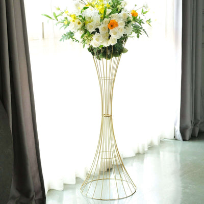 48" Tall Gold Metal Wire Trumpet Flower Centerpiece Stand – Reversible Hourglass Pedestal Prop - thumbnail number 2