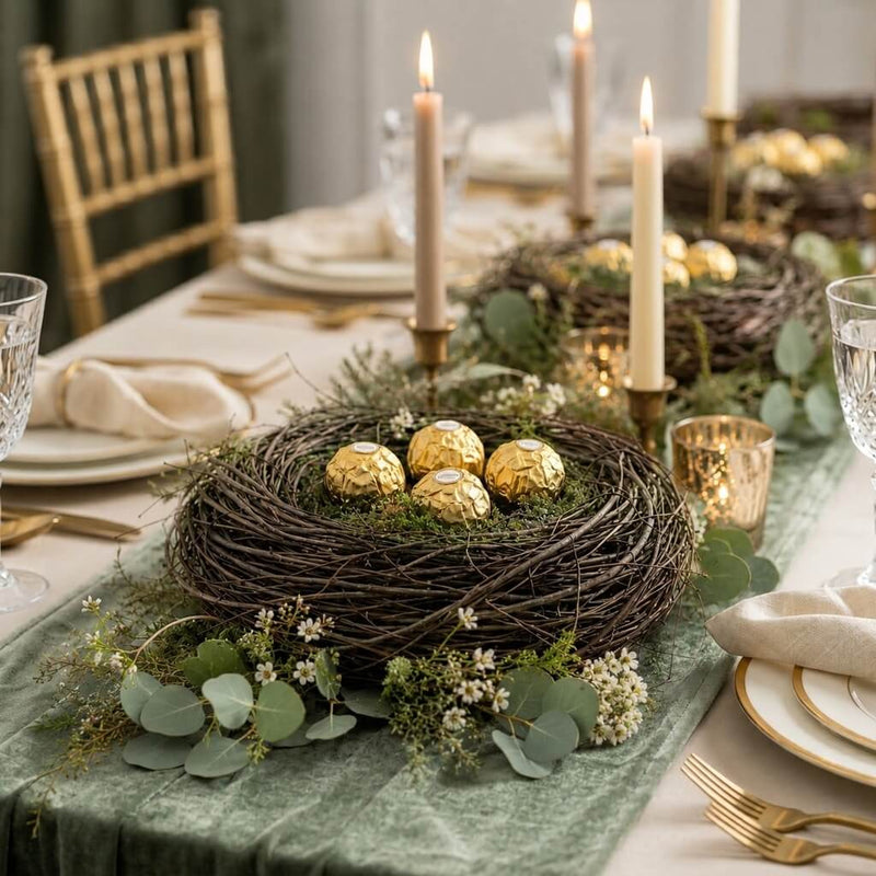 Grapevine twig bird nest filled with gold-wrapped candies on a table - thumbnail number 2