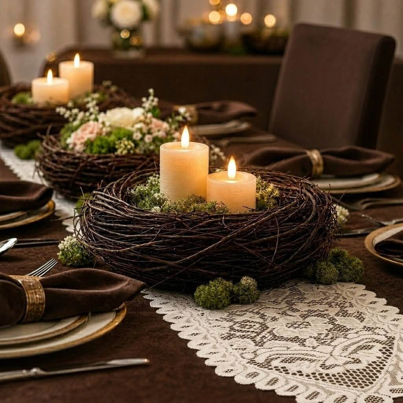 Grapevine twig bird nest with candles on a table setup - thumbnail number 3