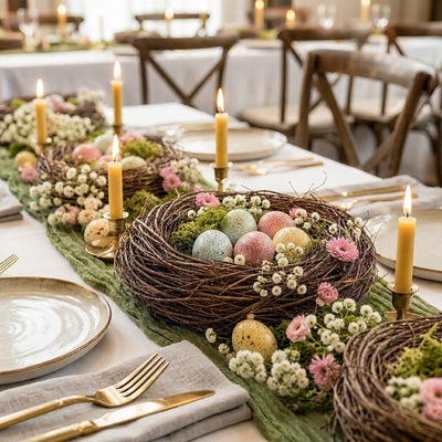 Grapevine twig bird nest filled with colorful eggs on a table - thumbnail number 5
