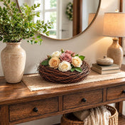 Grapevine twig bird nest with roses on a console table - thumbnail number 6