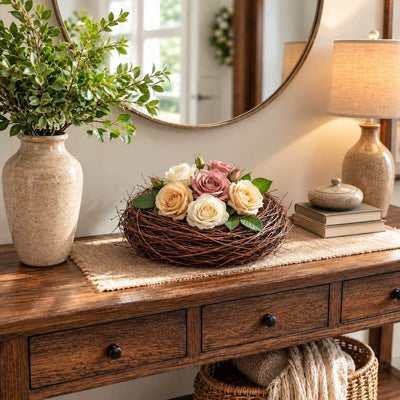 Grapevine twig bird nest with roses on a console table - thumbnail number 6