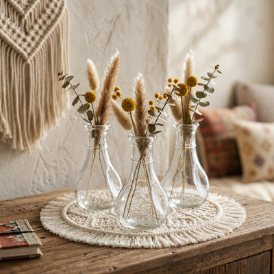 Three 3.5" pinched bud vases with yellow billy balls and dried grasses on a macrame mat - thumbnail number 6