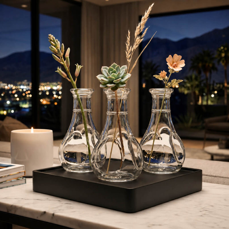 Three 3.5" pinched bud vases with botanical stems on a black tray - thumbnail number 7