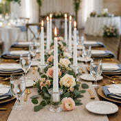 Simple Glass Taper Candle Holder stands with lit white candles on a rustic wood wedding table runner - thumbnail number 6