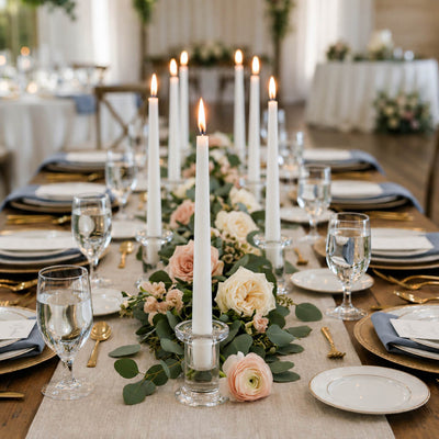 Simple Glass Taper Candle Holder stands with lit white candles on a rustic wood wedding table runner - thumbnail number 6