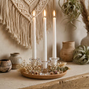 Three Simple Glass Taper Candle Holder stands with lit white candles on a rustic boho display - thumbnail number 8
