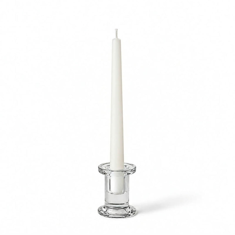 Simple Glass Taper Candle Holder holding a single unlit white candle on a solid white background - thumbnail number 2