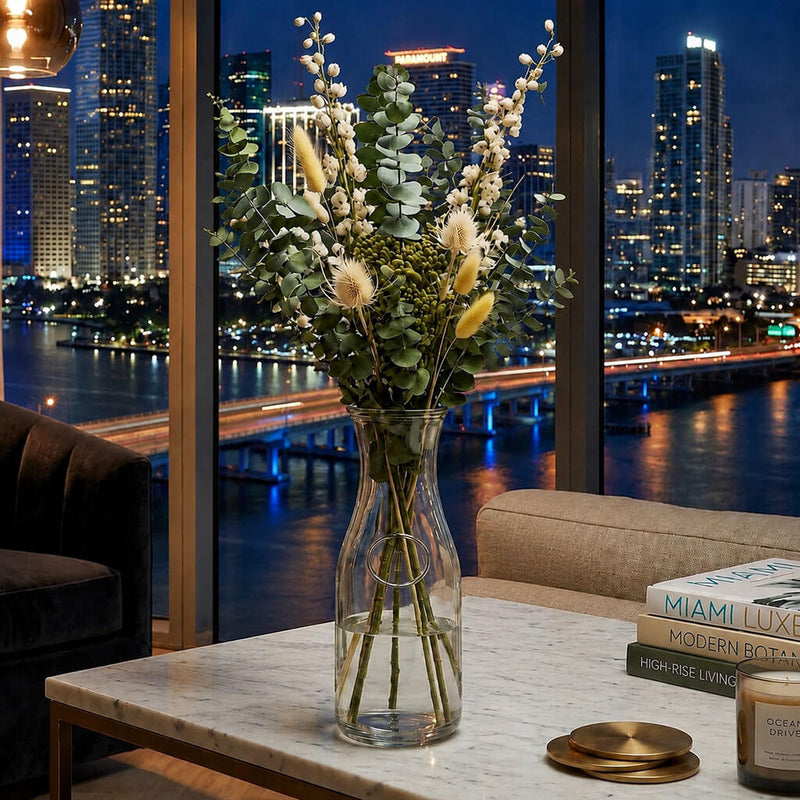 8" Milk Bottle Vase with dried botanicals on a marble table overlooking a city skyline - thumbnail number 7