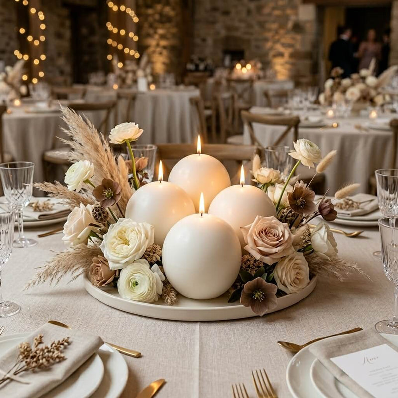 Four lit white sphere candles arranged on a tray with neutral roses and pampas grass centerpieces - thumbnail number 5