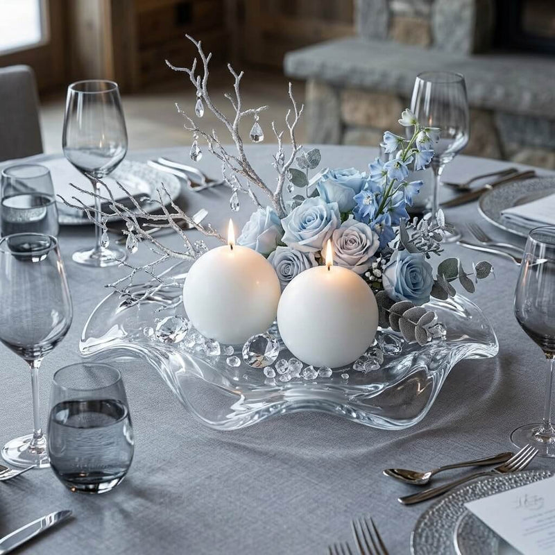 Two lit white sphere candles on a glass tray with light blue roses and crystal accents - thumbnail number 3