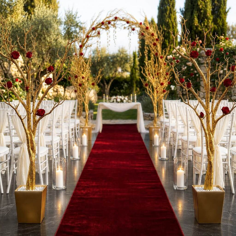Potted gold faux manzanita trees with red roses lining a red aisle runner - thumbnail number 5